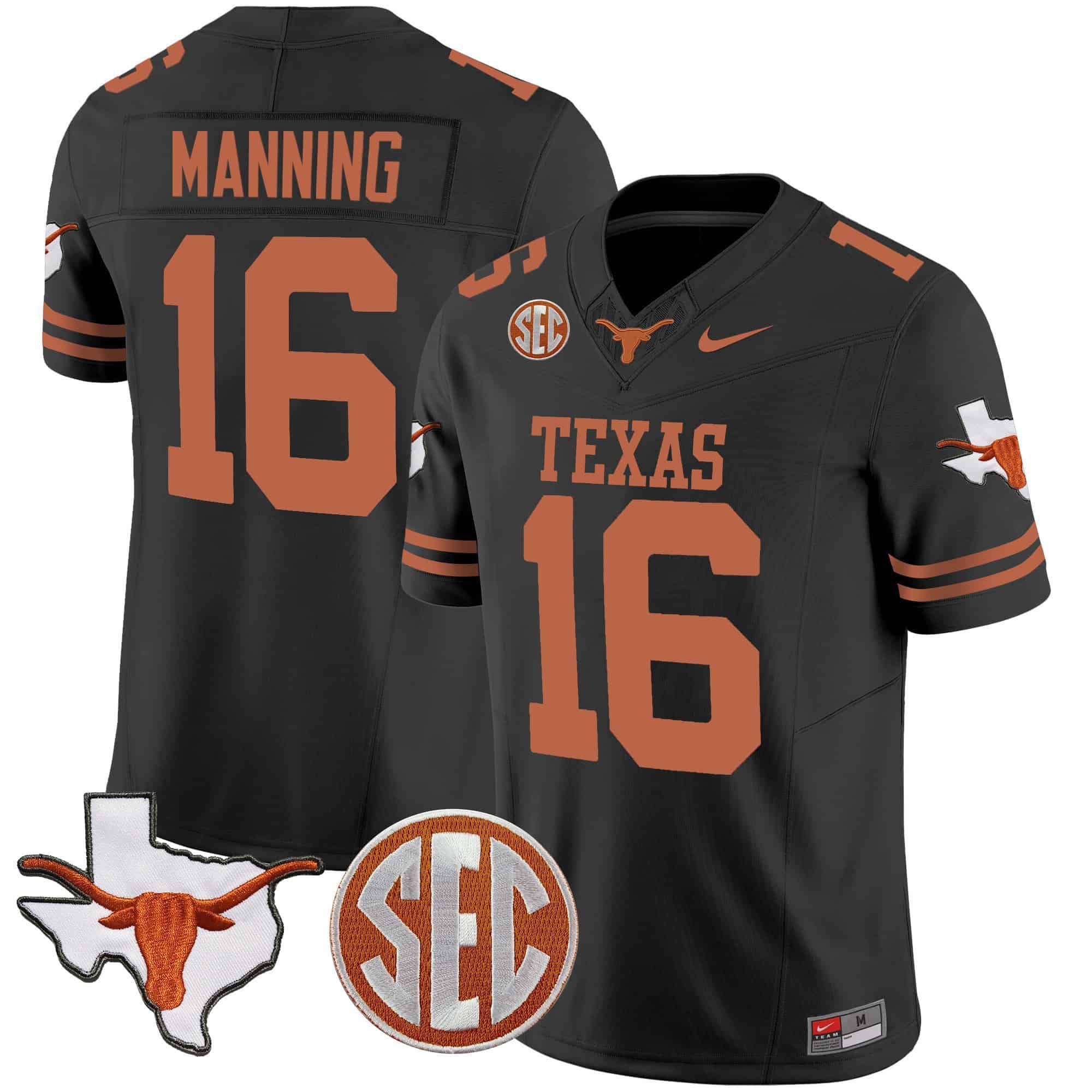 Men Texas Longhorns 16 Manning Black 2024 Nike State Map & SEC Patch Vapor NCAA Jersey style 1